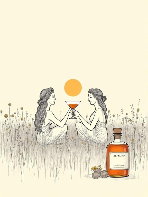Minimalist line art drawing of two serene Venus goddesses seated in a field of wildflowers. They offer a toast with cocktail liqueur glasses. An apothecary-style bottle of 'ALFRUNO' elixir rests nearby. The scene features bold black outlines on a beige background. It emphasizes positive and negative space, inspired by traditional zen art with a focus on simplicity and elegance. It's tranquil and mysterious.