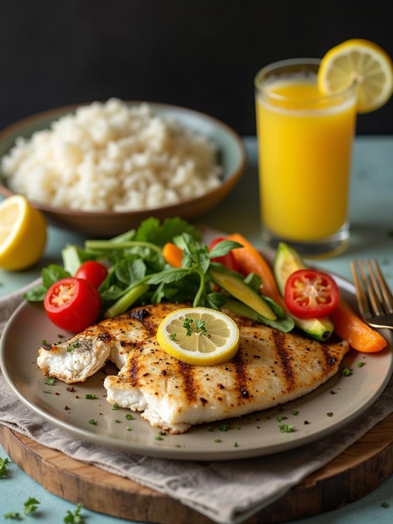 Grilled tilapia fish served with a side of fresh vegetables and rice accompanied by lemon juice. The meal appears vibrant and nutritious. Fresh ingredients are highlighted. A glass of lemon juice sits beside the dish. A light-colored background enhances the food's presentation.