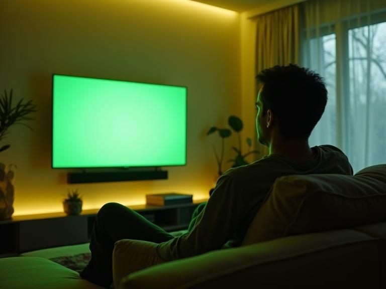 A realistic scene shows a user sitting on a modern sofa in a cozy living room. The person is viewed from behind. A large TV with a glowing green screen is in front of him. A TV show is faintly visible. Natural and ambient lighting is present. Walls are warm yellow. The couch is stylish and inviting.