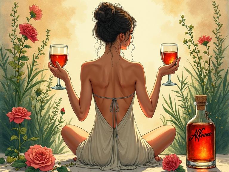 Stylized advertisement of 1920s speakeasy. Woman in transparent dress toasting with liqueur. Surrounded by flowers. Serene atmosphere with apothecary-style bottle labeled ALFRUNO. Earthy tones and watercolor style. Elegant and mysterious mood.