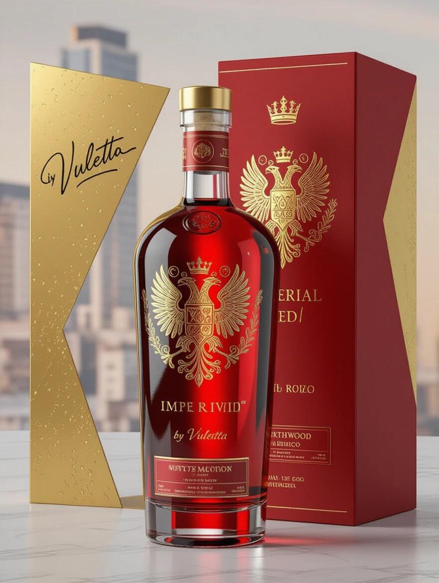 Hyper-realistic product image of Imperial Red vodka bottle. Bottle is red with golden eagle and typography. Covers condensation. Angular packaging box in red and gold. Urban contemporary setting with Adriatic sea colors background. Showcases luxury and sophistication.