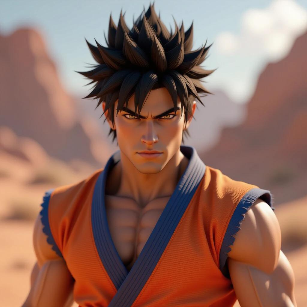 Create a detailed 3D rendering of a muscular warrior with spiky hair in an orange and blue martial arts gi. Character has a focused expression with sharp eyes and defined facial features. Lighting highlights muscles with a cinematic look. Background features a desert landscape with warm tones and soft sunlight. Hair has detailed texture with strands reflecting light focusing on the character's upper body and face.