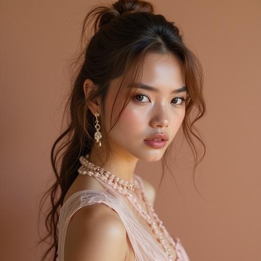 A beauty portrait featuring a woman with long hair styled in loose waves. She wears elegant accessories and has a soft, natural makeup look. The background is a muted peach tone.
