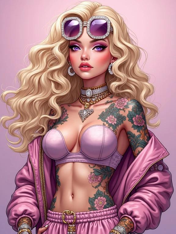 Anime character resembling a woman with pale skin. Depicts a 32-year-old with amethyst purple eyes and elegant oversized light blonde curly hair. The character wears light pink diamond-encrusted jewelry and fashionable hip hop-inspired clothing. Showcases tattoos with a colorful and traditional Yakuza style. The setting is a modern music magazine cover at noon, reflecting a contemporary and luxurious lifestyle.