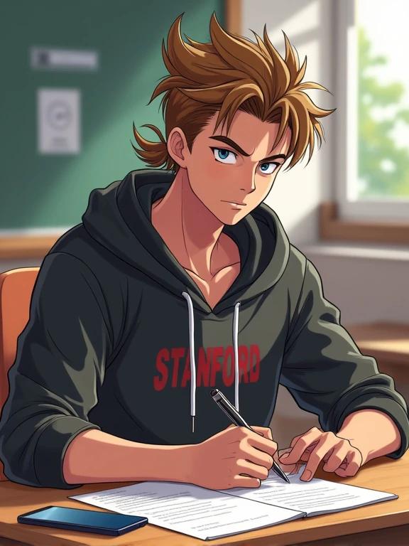 Anime style illustration featuring a young man. He wears a Stanford hoodie. He is sitting at a desk inside a classroom. He is focused on taking a college history exam. A Samsung Galaxy phone is on the desk. Natural lighting flows through a window. Background shows a classroom environment.