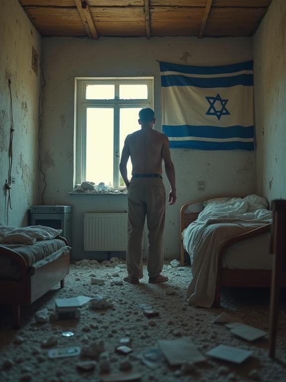 Middle-aged man awakens in a damaged room. Israeli flag displayed prominently on the wall. Natural light enters through the window, creating a reflective mood. Rooms appear partially destroyed. Two beds are visible with scattered debris.