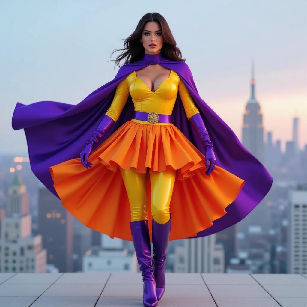 Superheroine stands confidently in a pose. She wears a yellow bodysuit with a cutout. Long purple gloves and heeled boots match her outfit. A flowing purple cape adds drama. The orange micro skirt gives a playful touch. She levitates above a terrace with a skyline backdrop.