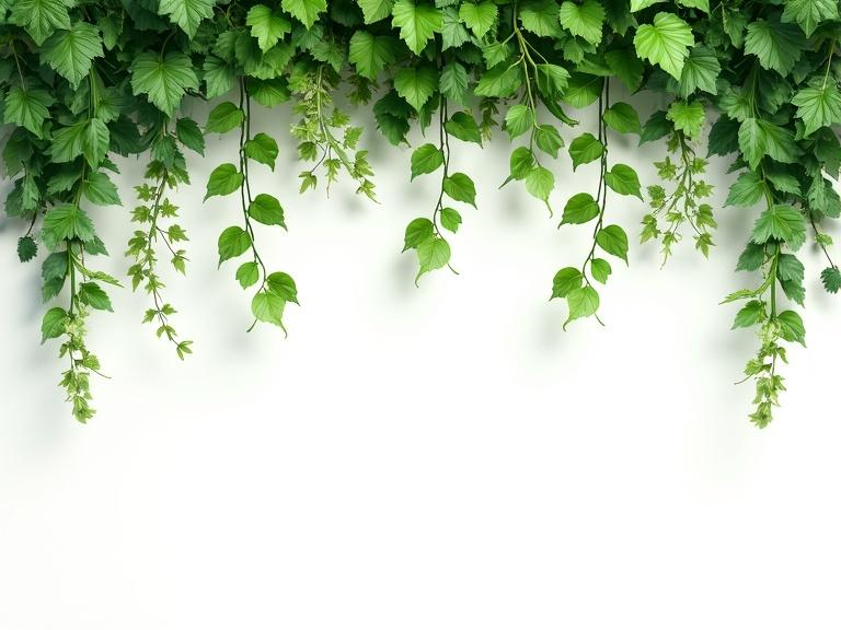 Image features lush green tropical ivy vines cascading down. Studio shot taken against a white background. No shadows.”