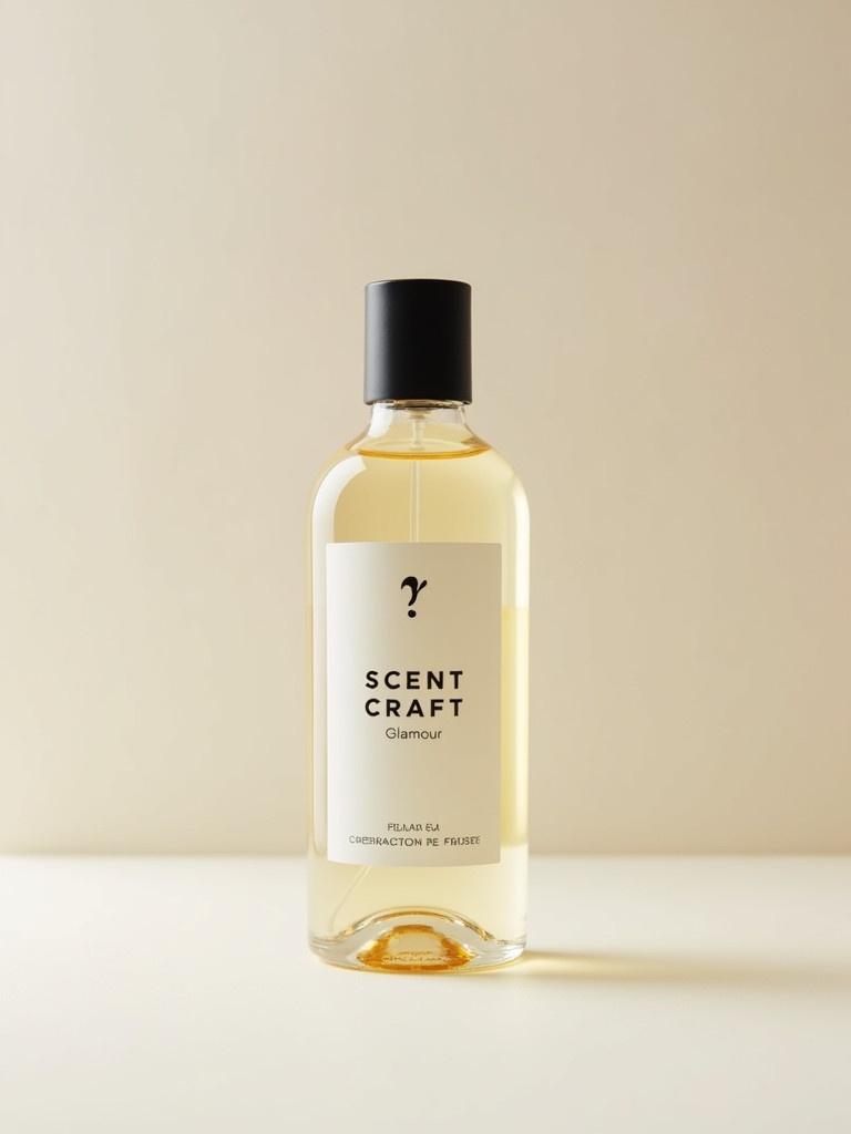 A minimalist image features a perfume bottle labeled Scent Craft Glamour. The bottle has a simple design with a black cap and elegant font on a soft beige background.