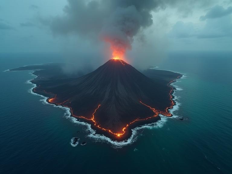 Aerial view shows a tropical island with a central volcano. The island is cracked and broken. Smoke and ash rise from the volcano. Lava glows faintly on the dark landscape. The ocean is calm with volcanic debris. The sky is filled with ash clouds and a dim light. The scene shows isolation and destruction with dramatic lighting.