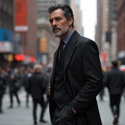 Super realistic image of a man walking the street of New York City. Middle-aged, well built, wearing a suit, contemplating. Black hair and eyes.
