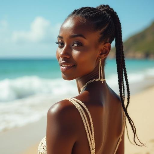 A beautiful woman stands on the beach. She has a bright smile and stylish braids.