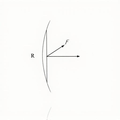 A labeled ray diagram of a concave spherical mirror showing the mirror with a pole P, focal point F, and center of curvature C. An incident ray strikes the mirror at point A. A normal is drawn from point A to C. The reflected ray intersects the principal axis at point R. All points are labeled, and the curved surface of the mirror is shown with distances f, h, and the distance from P to R indicated.