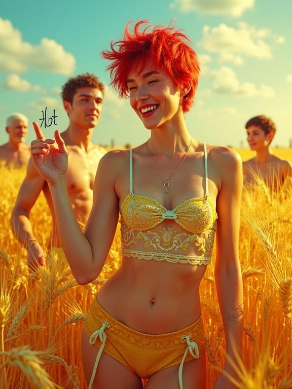 Stunning smiling woman with red hair in a yellow laced bikini in a wheatfield. One hand holds a sign saying 'Hot'. Group of people in the background. Bright sunny day.