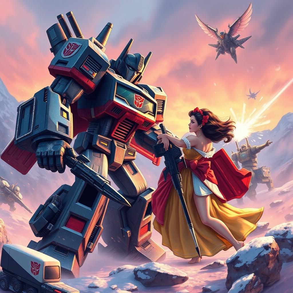 A fairytale character and a towering robot share an enchanting, surreal moment amidst a snowy battlefield at sunset.