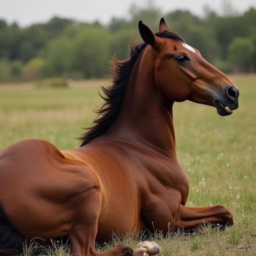 A female horse is laying on her back with her rear facing the camera. The horse appears relaxed in a lush green pasture.