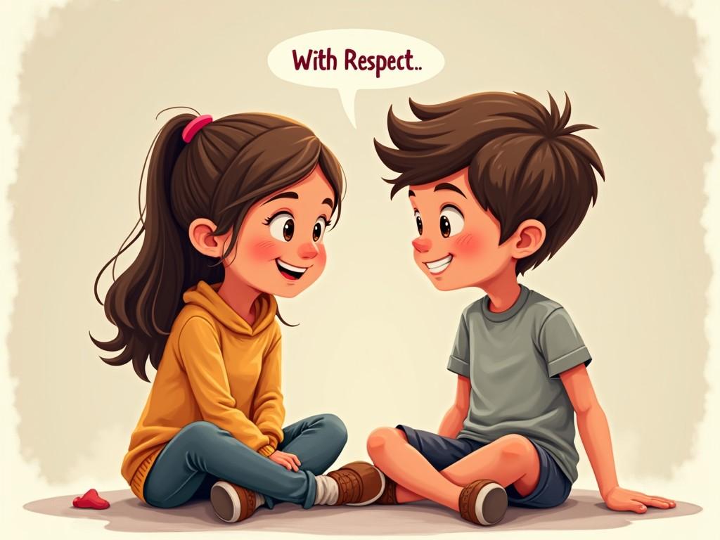 The image features a girl and a boy sitting together, both smiling and showing open body language. They appear to be listening to each other, indicating a respectful interaction. The girl is in a yellow hoodie, while the boy is wearing a light grey t-shirt. The background is soft and light, enhancing the friendliness of the scene. Above them is a speech bubble saying 'With Respect.' This image promotes the message of mutual respect and positive communication among children.