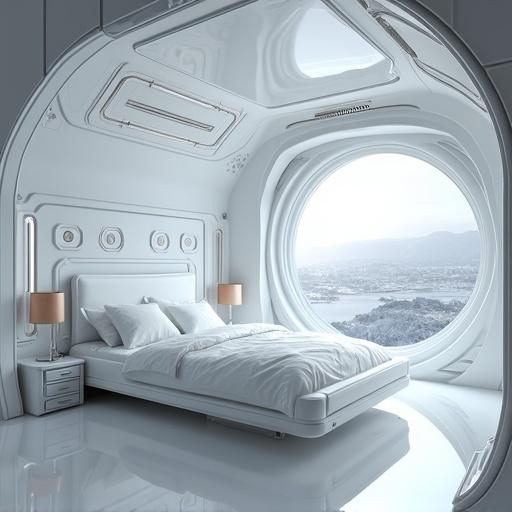 Futuristic bedroom design in a nanotechnology space ship. Room features a large round window. Floor and walls are smooth and glossy. Decor includes minimal furniture. Light colors create a spacious atmosphere.
