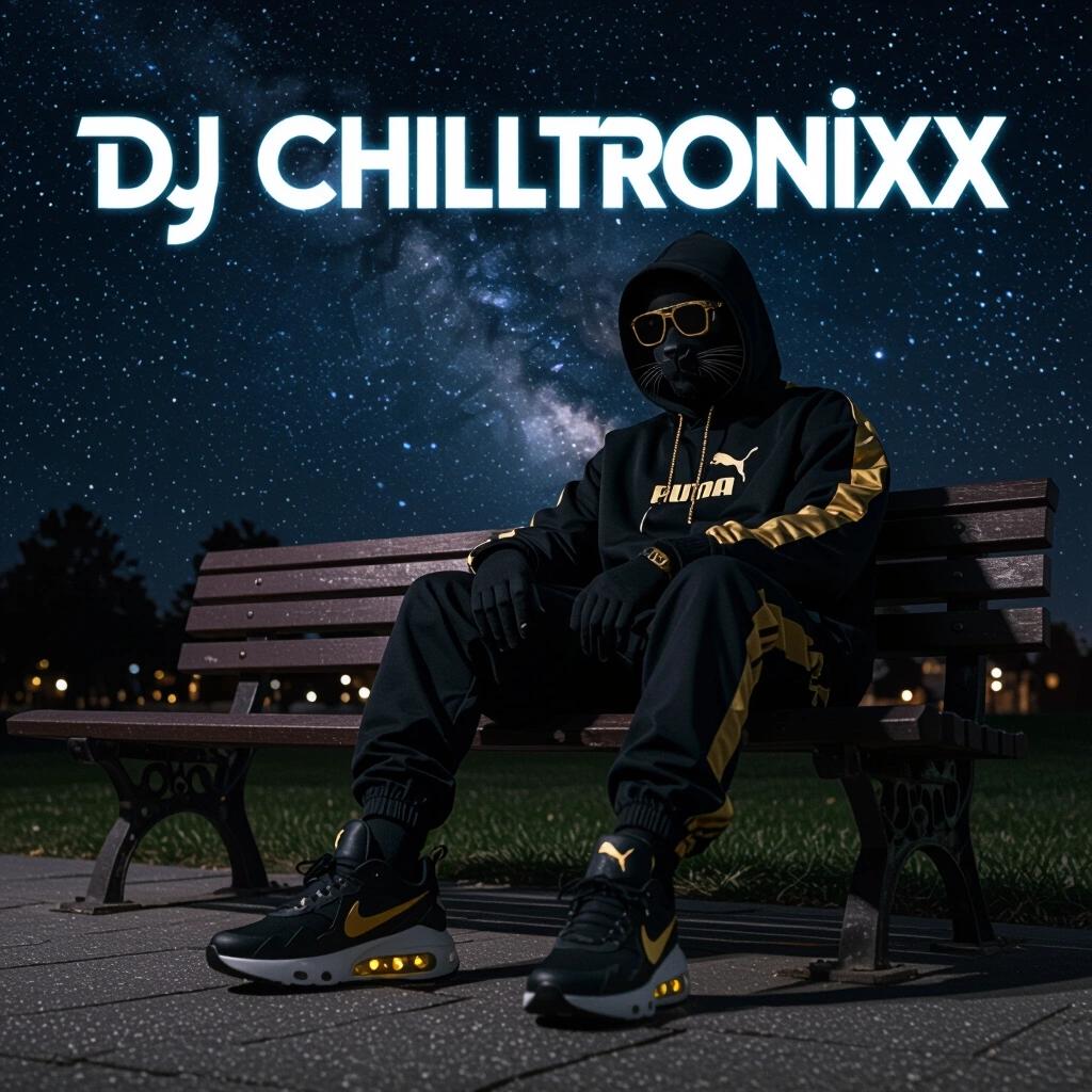 Photo at night with dark vibe. Person in stylish ghetto Puma outfit sits on a park bench under a dark nebula sky. Wearing black and gold Nike Air Max 2025 runners and sunglasses. Artistic album cover featuring text DJ Chilltronixx.