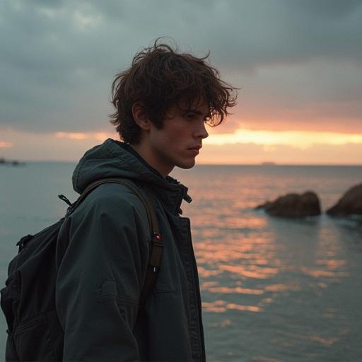 A young person stands alone by the ocean during sunset in a relaxed pose, wearing a casual jacket, looking towards the horizon with a serene expression.