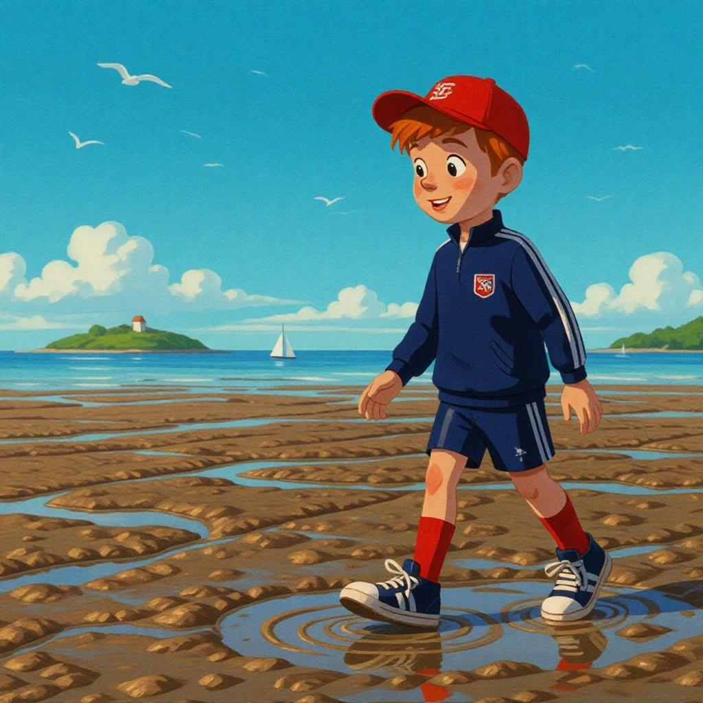 Human boy with auburn hair on geography field trip. Walking on sticky mudflats at low tide. Shoes covered in mud. Wears red baseball cap and navy-blue school uniform. Admirable scenery in background.