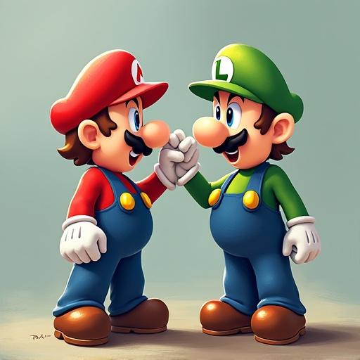 Mario and Luigi characters in playful pose. Iconic red and green hats and overalls. Friendly interaction with handclasp. Cartoonish artistic style.