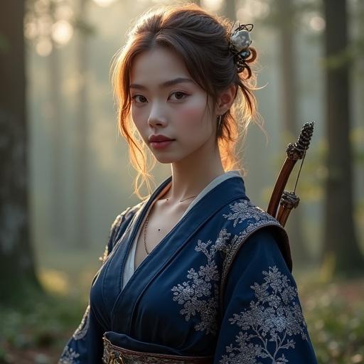 Character named Clarisse inspired by fantasy themes. Senior scout. Dressed in deep indigo kimono with cherry blossom embroidery. Medium-length chestnut hair styled naturally. Warm hazel eyes convey intelligence. Elegant archery armor combines beauty and practicality. Surrounded by a misty forest at dawn.