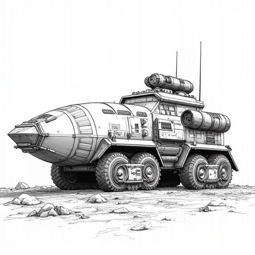 Detailed line art illustration of a large armored land vehicle resembling a mobile fortress. Features a rounded bow, complex structure, conning tower, multiple decks, external modules, and cylindrical engine pods. Includes mechanical details like hatches, vents, turrets, and landing gear. Located on rocky ground. Clean, minimal hatching, technical art style.