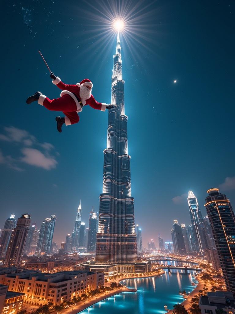 Cinematic aerial image with Santa Claus flying around Burj Khalifa. Santa adds a star on the top of the tallest building in Dubai.