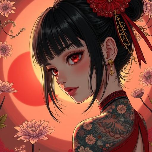 Anime character set in a futuristic tattoo and piercing parlor. The scene features luxurious decor and elements like cherry blossoms. The character has striking red eyes and detailed tattoos. The mood is summer and vibrant. Morning light enhances the atmosphere.