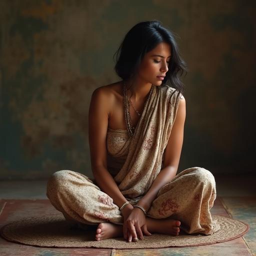A clothed Indian woman sitting gracefully on the floor with her legs bent around her neck in a meditative pose. She wears traditional attire with intricate patterns. The background has a soft, earthy tone that adds to the serene atmosphere of the image.