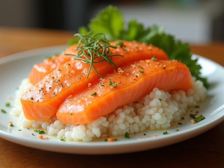 Poke bowl featuring slices of salmon on a bed of rice garnished with herbs and greens