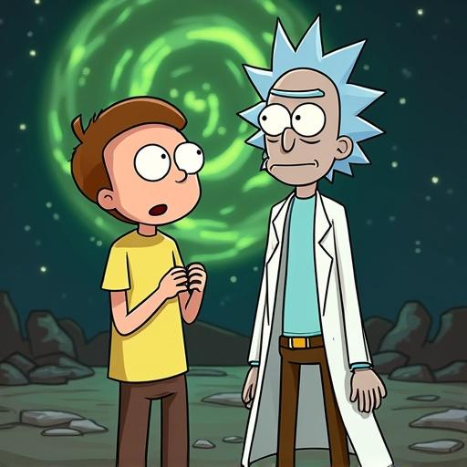 Create a portfolio photo in a Rick and Morty style with a middle shot of two characters against a green swirling background.