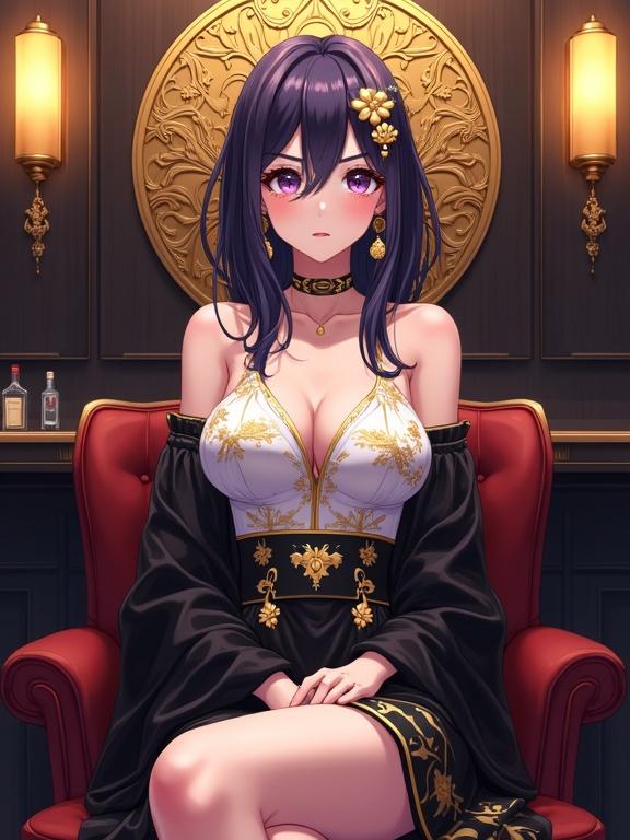 A vibrant anime-style illustration of a lady with dark violet hair. She has a gold kanzashi and dangling golden ornament. Large purple eyes framed by dark eyebrows. Dressed in a white top with gold floral designs and a black skirt. Seated on a plush velvet chair in a luxurious bar. Background features an ornate golden emblem and warm lighting. Elegant and mysterious atmosphere.
