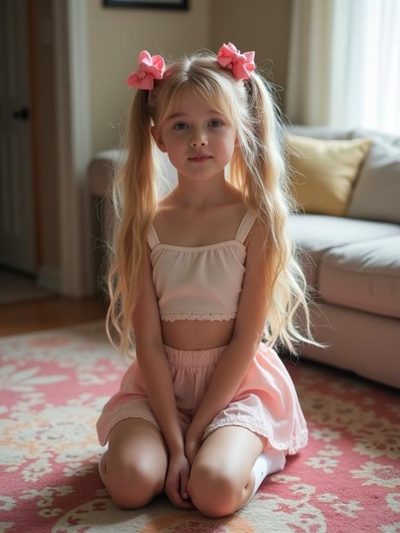 Child with long blonde hair and pink bows kneels on a colorful rug in a softly lit living room. Clothing includes a crop top and pale pink skirt, complemented by thigh-high socks and black shoes.