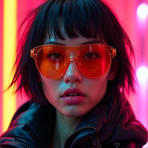 Ultra-detailed close-up portrait of a stunning futuristic woman with a symmetrical face. Features cinematic lighting, glossy skin texture, full glossy pink lips, soft blush, and large translucent orange visor sunglasses. Sharp expressive eyes, thick eyelashes, messy wet bob-cut black hair, dressed in a black shiny puffer jacket with zippers. Hooded futuristic streetwear style against a neon pink and red tech wall background with glowing sci-fi design. Captured using 85mm lens for sharp focus and depth of field.