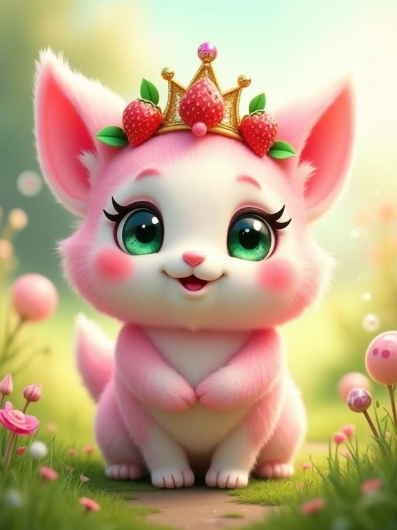 Image shows animated creature with round white face and large green eyes. Furry pink body has white accents. Creature wears tiara with strawberries and lollipop. Background features green grass, pink bubbles, and glowing sky. It has happy expression.