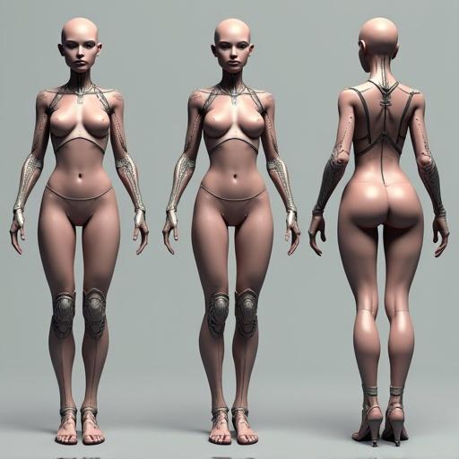 A 3D sculpt of a feminine female cyborg. The sculpture depicts front, side, and back views in an a-pose. The cyborg shows an hourglass shape and stylized body. No clothing or accessories are present. Designed using ZBrush with a clay render effect. This is a character datasheet depicting a standard rig pose in cyberpunk colors.
