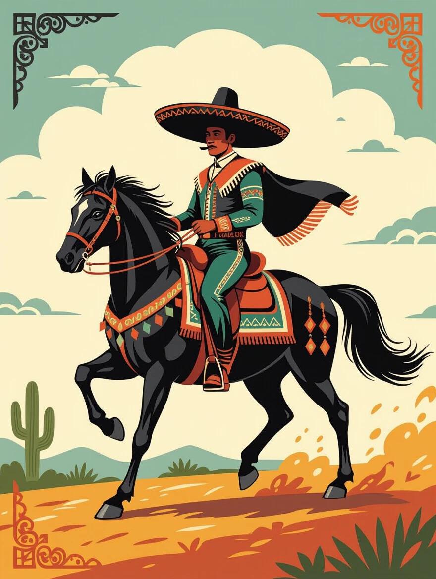 Illustration of a charro riding a black horse. Background features flat colors that contrast with the figures. Emphasis on traditional Mexican attire.