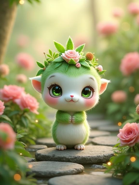 The image shows a small animated creature in a lush garden. The creature has a round white face with large green eyes and a small pink nose. Its body is fluffy and green with a crown of leaves and pink roses. It stands on a rocky path surrounded by pink flowers and glowing lights. The scene has a warm, ethereal glow.