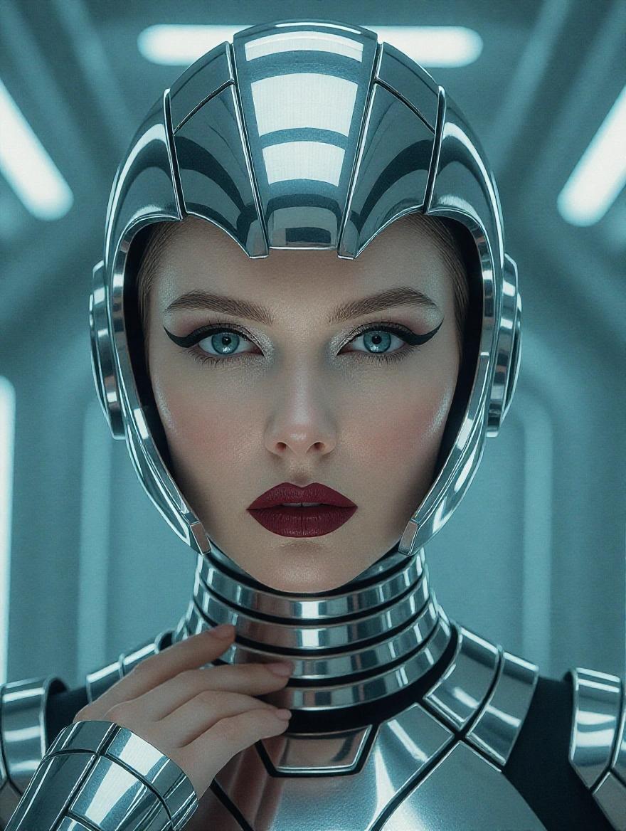 Cinematic sci-fi portrait. Mid-close-up. Eye-level focus. Slavic-looking woman. Pale metallic skin. Icy blue eyes. Sleek chrome helmet. Sculpted panels. Thick segmented choker. Futuristic armor. Sharp intense makeup. Deep maroon lipstick. Sculpted cheekbones. Smoky eyeshadow. Mechanical yet sensual appearance. Gazing directly into the camera. Piercing unreadable expression. One hand resting at her collarbone. Cold clinical lighting. Fluorescent reflections. Sterile cyberpunk atmosphere. Tiled bathroom background. Fashion editorial style. Inspired by Metropolis.