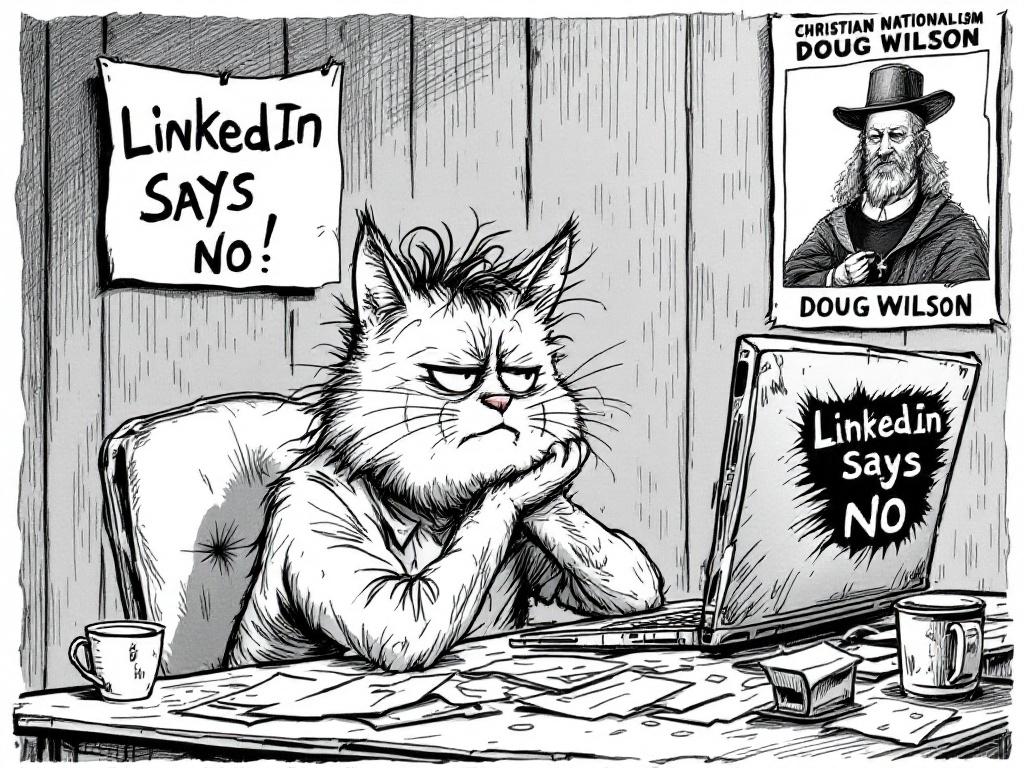 Black-and-white cartoon styled like underground art. A frustrated cat resembling Fritz The Cat at a messy desk. Sweat on forehead. Laptop screen says 'LinkedIn Says No'. Desk has coffee stains and scattered papers. Poster features a reverend similar to Doug Wilson. Hand-drawn look with rough details.