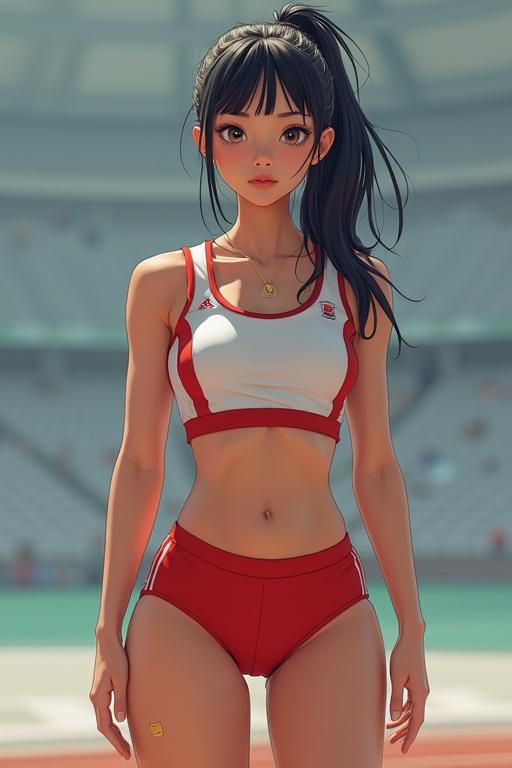 Portrait of a woman in a track and field uniform. She has bangs and tied-up hair. Thighs are exposed showing athletic form. Background suggests a sports venue.