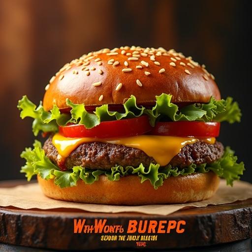 Vibrant advertisement poster for gourmet hamburger features a juicy beef patty, melted cheese, fresh lettuce, and tomato slices on a glossy sesame seed bun. Sauce and juice drip from the burger. The burger sits on a rustic wooden table with dramatic lighting and warm ambiance. Typography displays ‘MimicPC Burger’ in bold fiery orange, with the tagline ‘Savor the Juicy Bliss’ in white or yellow. Photorealistic style with high contrast.