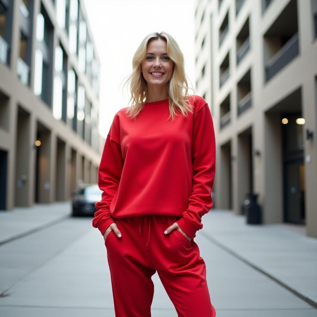 This image features a blonde individual posing confidently in red sweatpants and a matching top. The setting is an urban environment, with modern buildings in the background. The individual is smiling, showcasing a casual yet trendy look. The soft natural lighting enhances the vibrant color of the outfit. The overall feel is relaxed and stylish, perfect for lifestyle or fashion-related content.