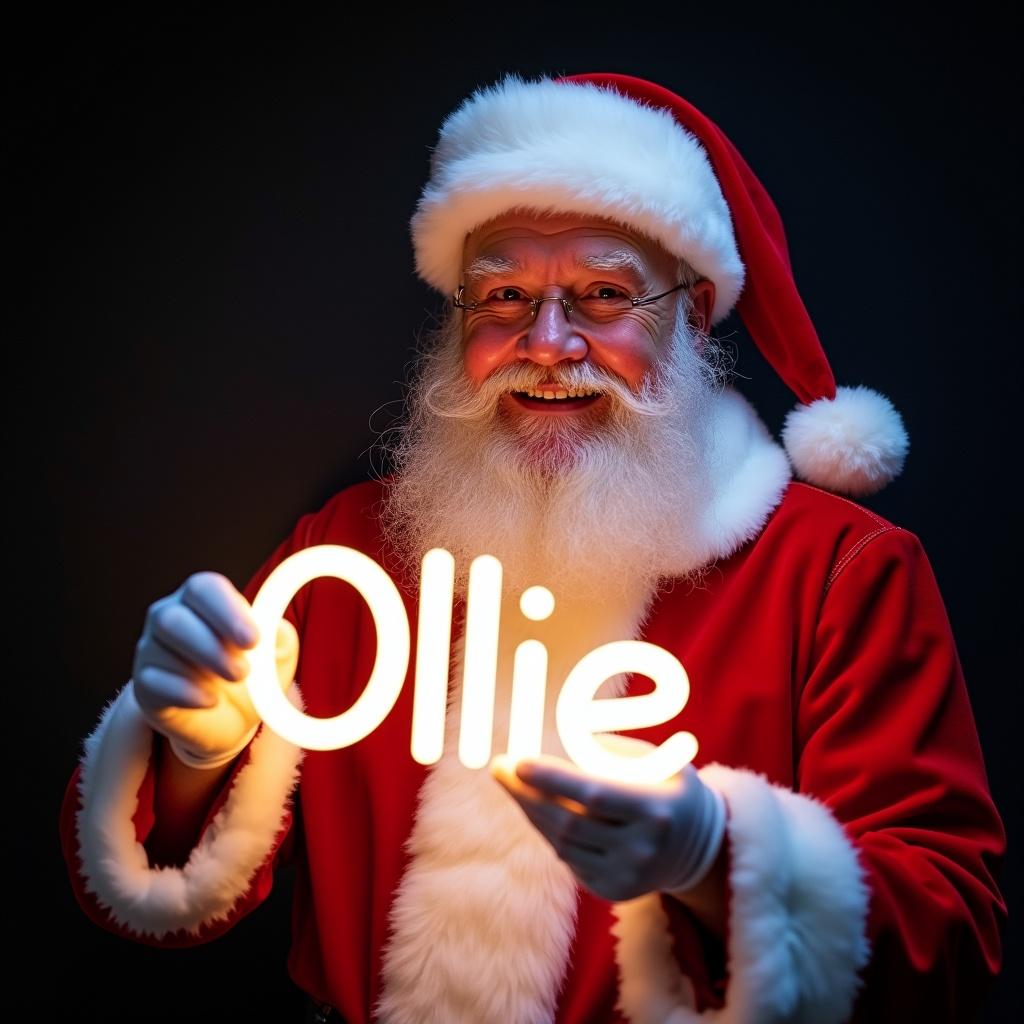 Santa Claus in a traditional red and white suit. Holding a glow stick that spells Ollie in bright light. Jolly expression and warmth. Dark background enhances the glow. Christmas magic and joy.