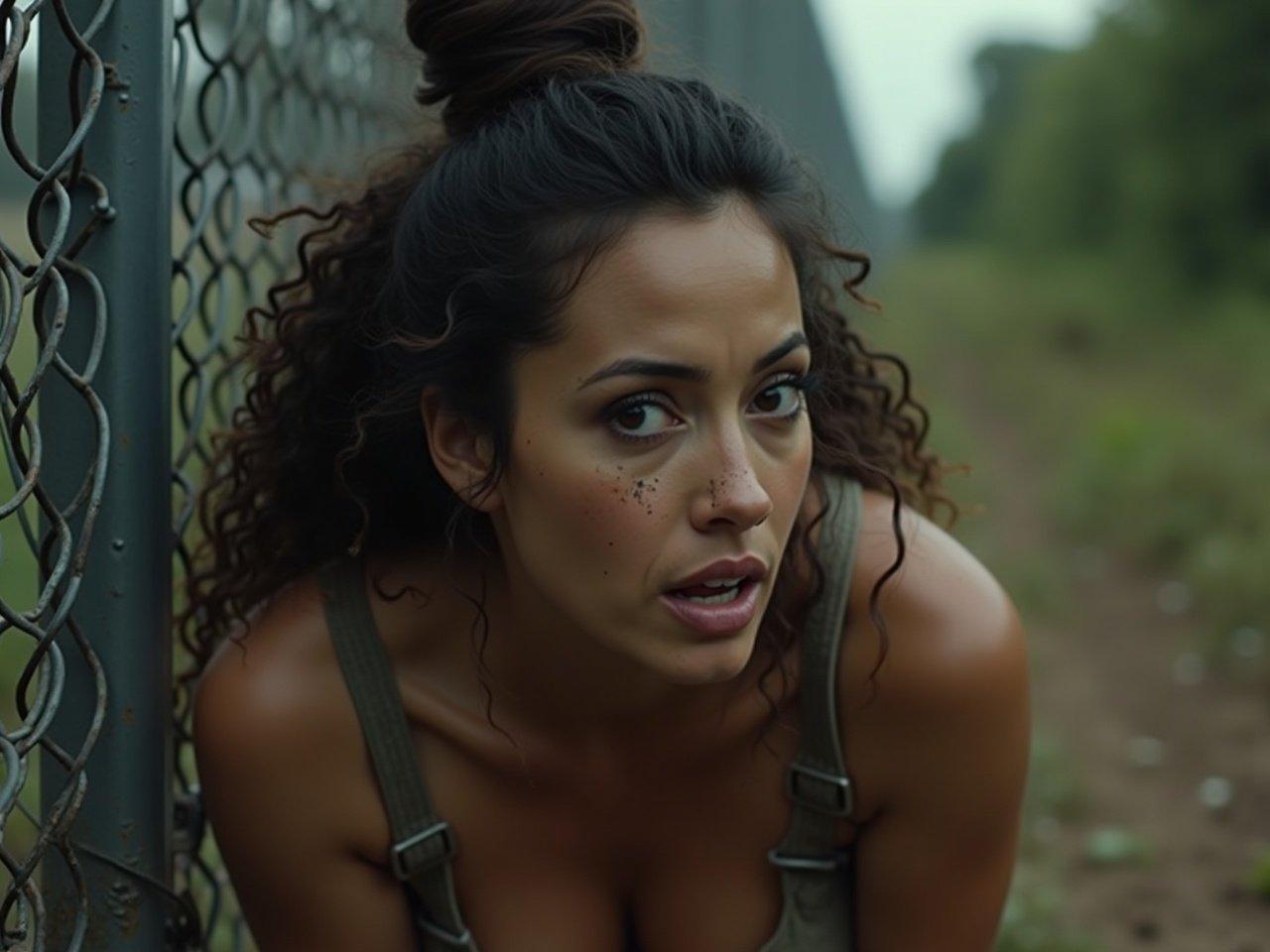 In a cinematic scene, a frightened, beautiful slight curvy Latino woman is depicted. She has an hourglass figure with smooth and proportional curves, featuring a large motherly bust, a slim waist, and wide hips. Her graceful posture and elegant demeanor contrast with the tough situation she faces. Her wild long curly hair is styled in a bun, with loose locks cascading down on either side, accentuating her delicate features, which include freckles on her nose. Sweat glistens on her body, emphasizing her physical struggle. Scratches and dirt marks indicate the tough labor she has endured as she desperately tries to dig under a large fence with her bare hands.