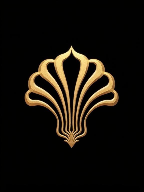 Compact gold Art Nouveau ornament is shaped like a fan or shell. It has simple segmented curves and a solid outline. The design is intended for clarity at 225x300 pixels. The background is black.