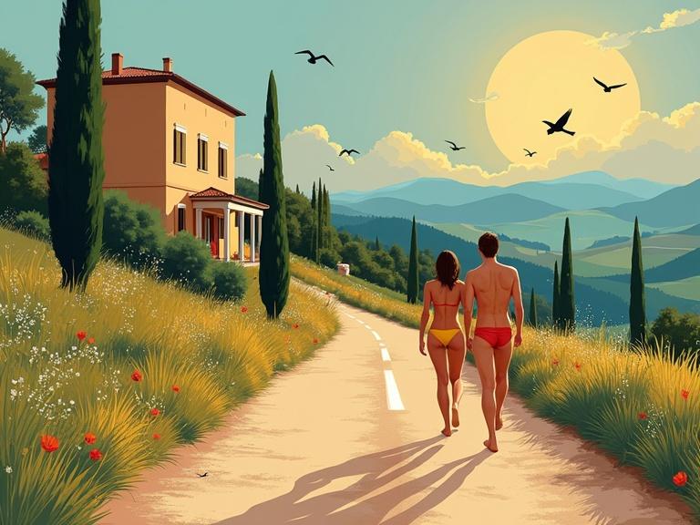 A couple walking along a rural road in Tuscany. They are enjoying a warm summer day. A villa stands in the background. Cypress trees line the path. Birds are flying in the sky. The landscape is vibrant with colors. A peaceful and romantic atmosphere prevails.