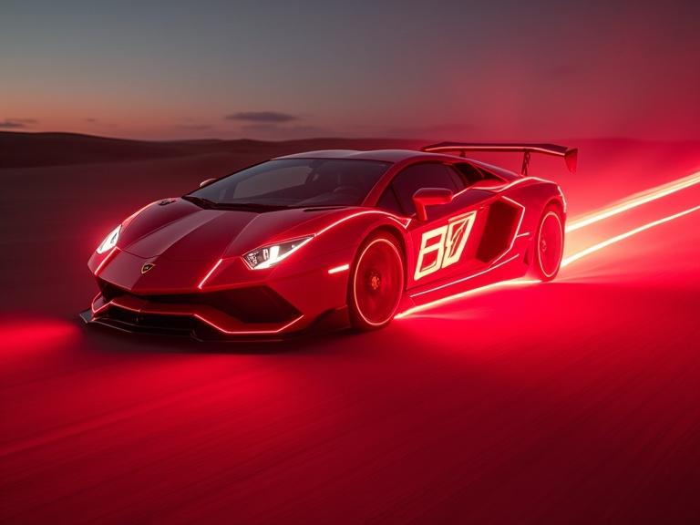 Vibrant red light in a desert. Futuristic Lamborghini moves at speed. Laser light wheel rims create a long 7-line trail.